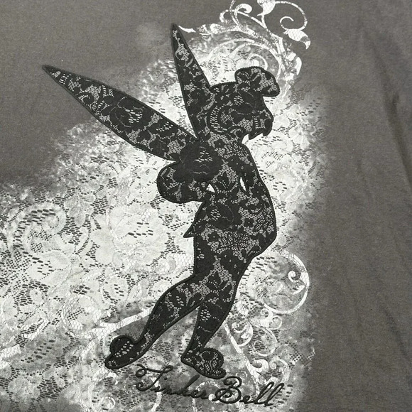 Disney Tinker Bell Grey Graphic T-Shirt Sz XXL Organic Cotton Fairy Lace Overlay - Picture 3 of 9